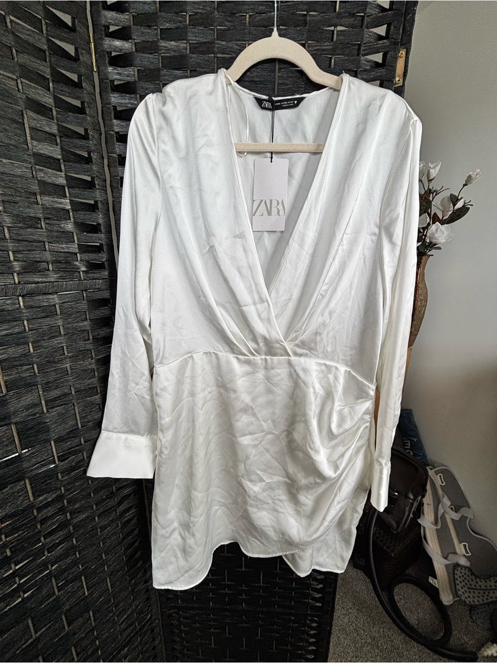 Zara White Satin Draped V-Neck Dress